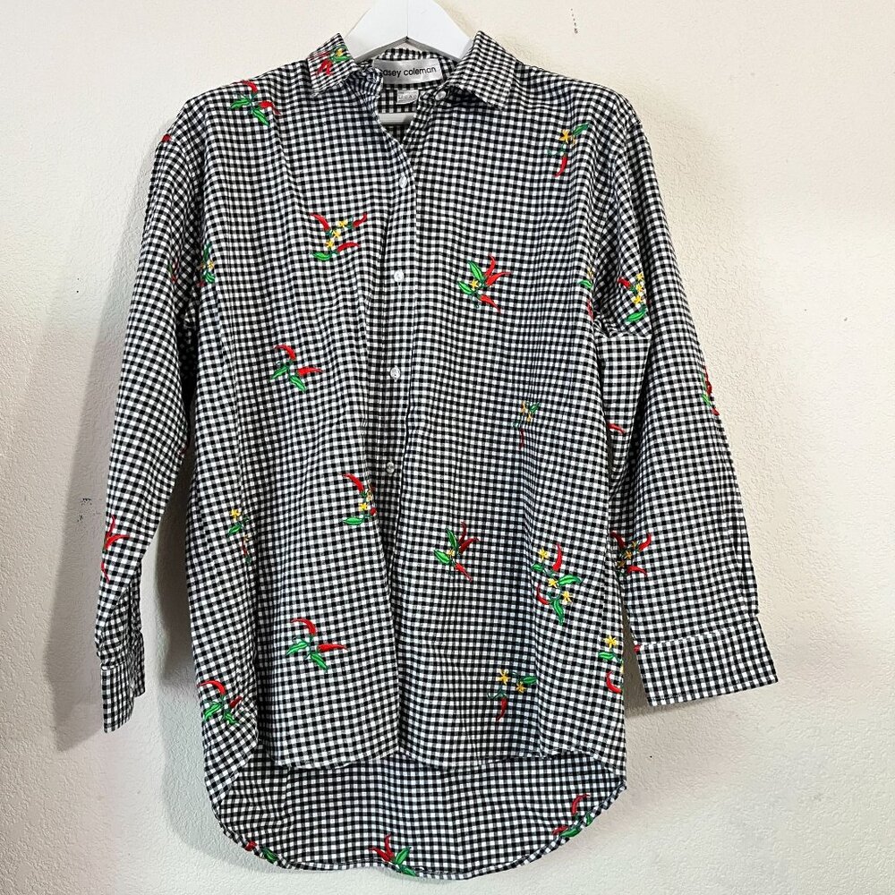 Casey Coleman Womens Black Gingham Button-Up Shirt Embroidered Chili Peppers